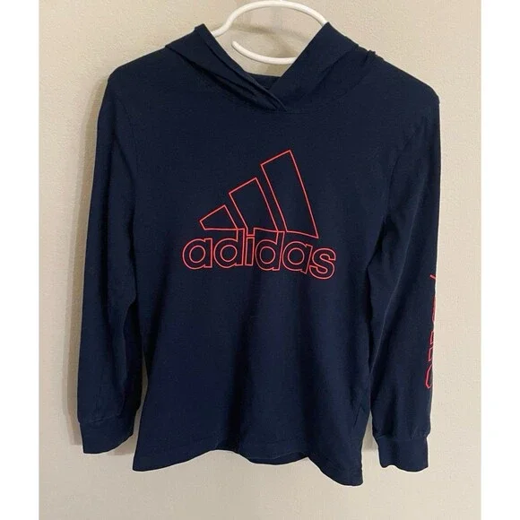Navy Blue Adidas Boy Girl Hooded Long Sleeve Shirt, Size Youth 5, Size 5T - Picture 1 of 5